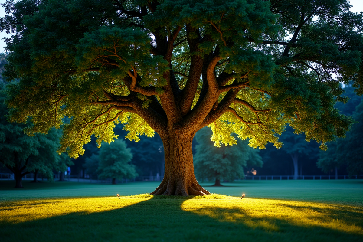 Chêne majestueux dans un jardin au crépuscule éclairé