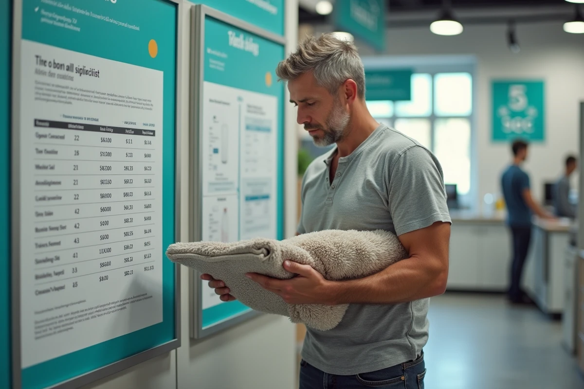 Client comparant les tarifs de nettoyage de tapis affichés dans une franchise 5 à sec