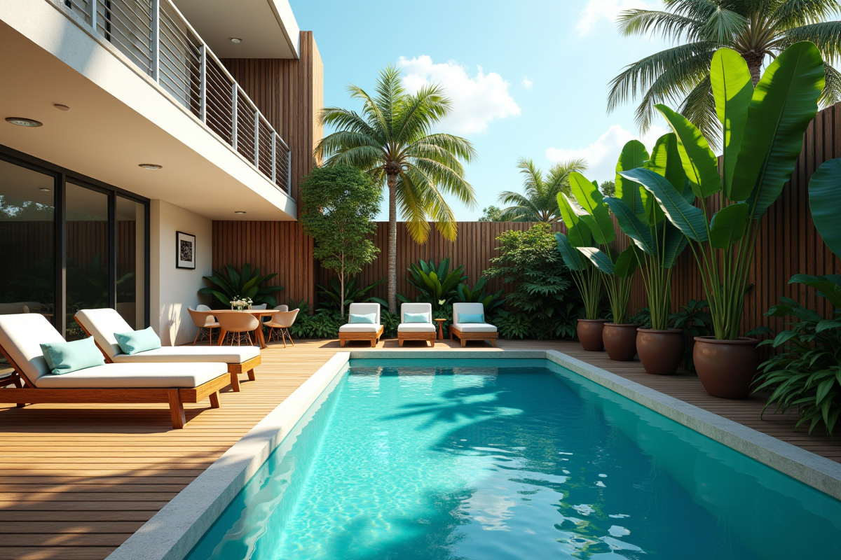 Espace piscine moderne avec deck en bois et chaises longues