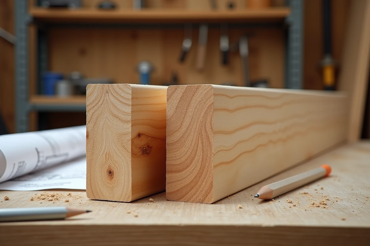 Comparaison côte à côte d'un bastaing et d'un madrier en bois sur un établi de charpentier