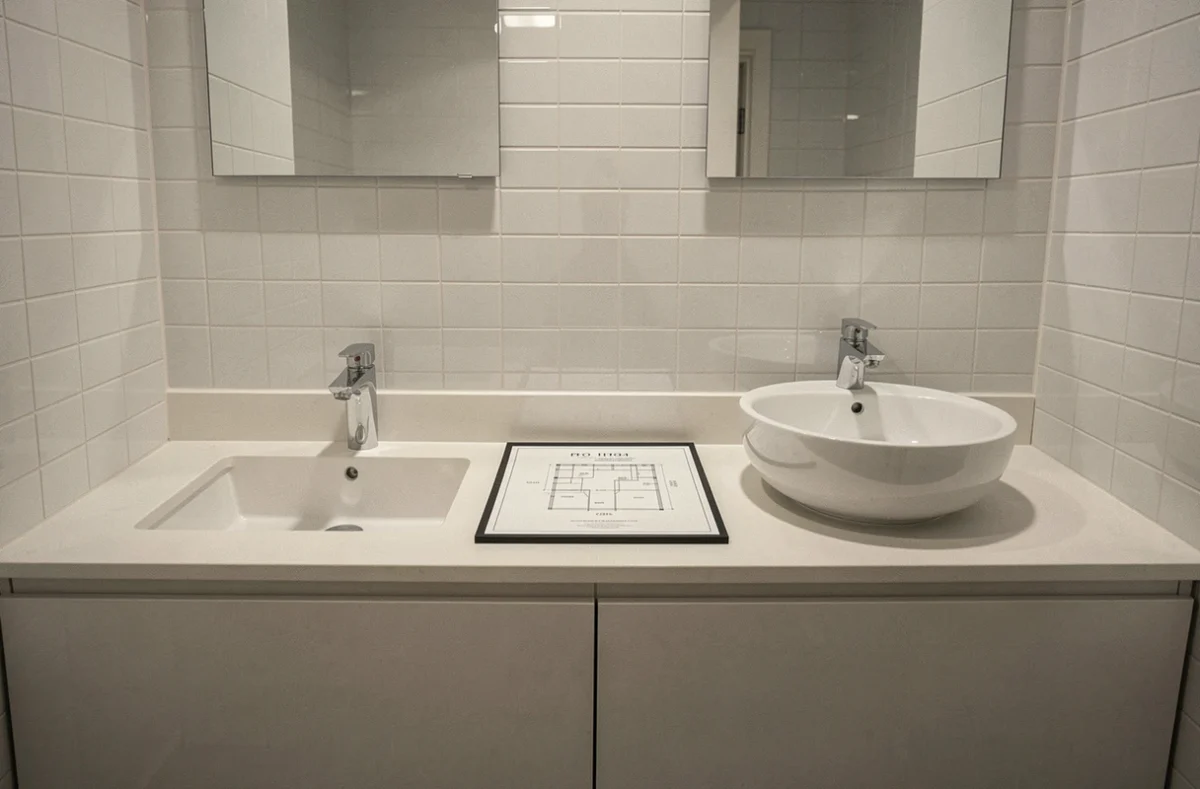 Comparaison plan vasque intégré et vasque à poser ronde sur meuble double vasque dans une petite salle de bain d'appartement