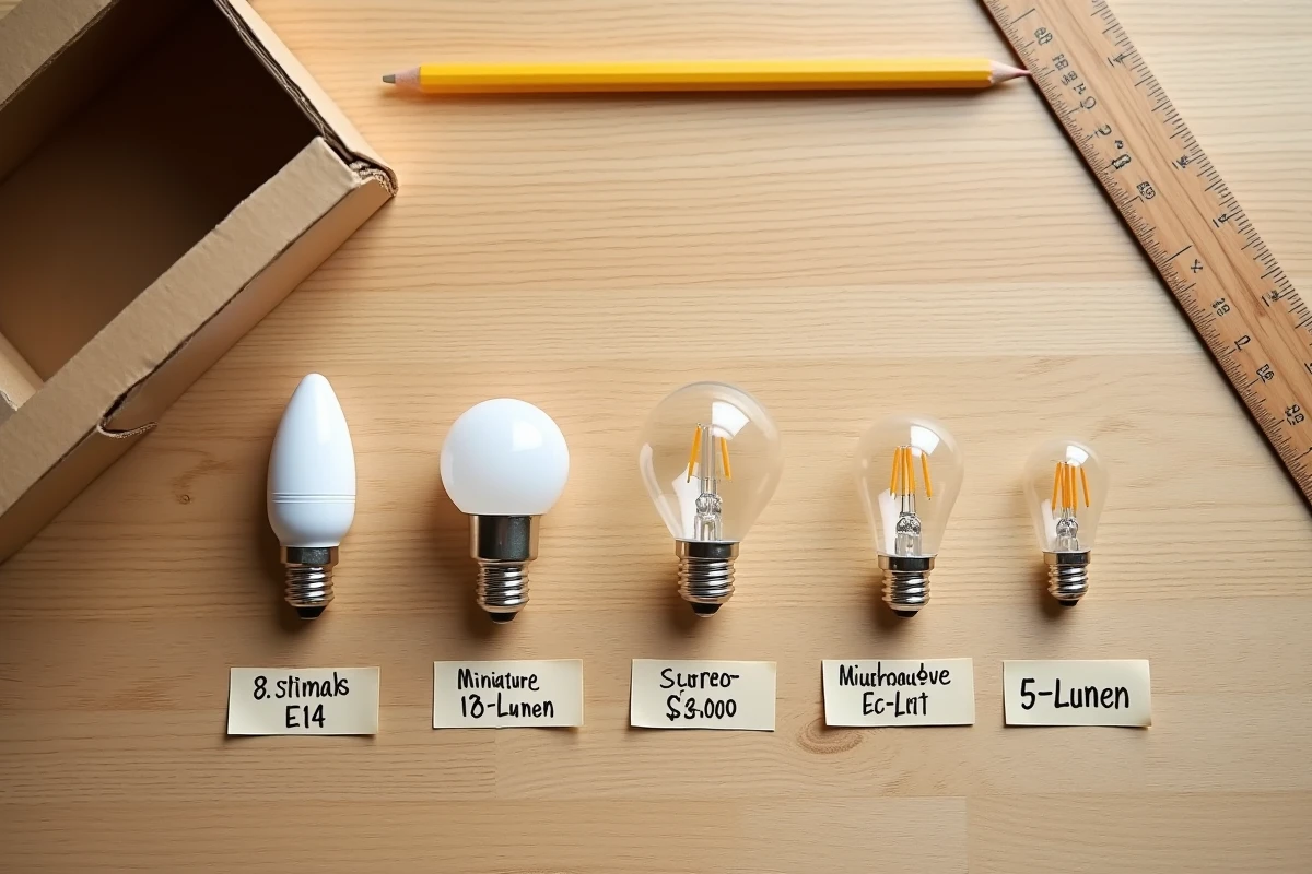Comparaison de petites ampoules à différents culots et puissances posées sur une surface en bois avec étiquettes de lumens