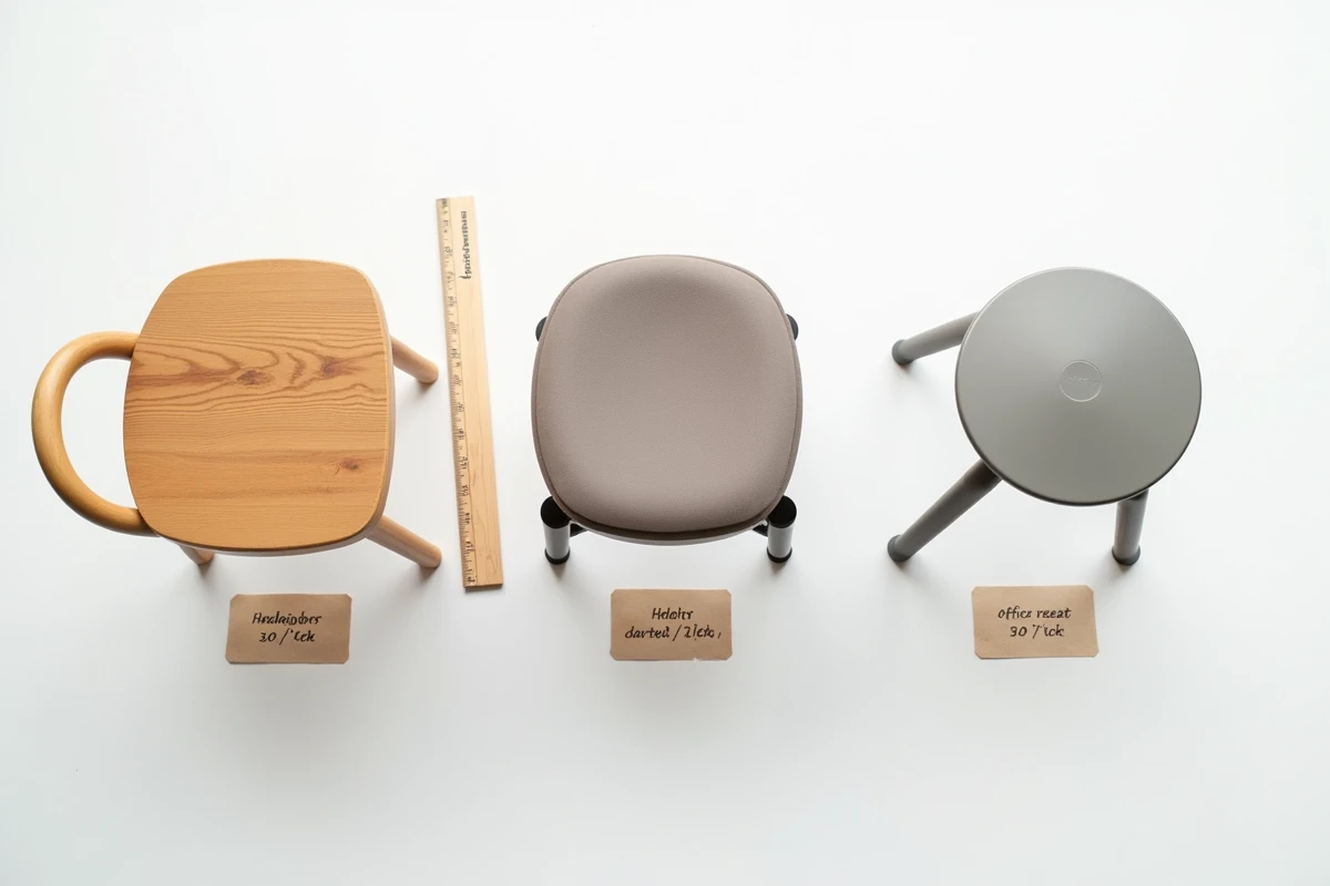 Vue de dessus de trois types de chaises avec étiquettes de dimensions en centimètres sur fond blanc