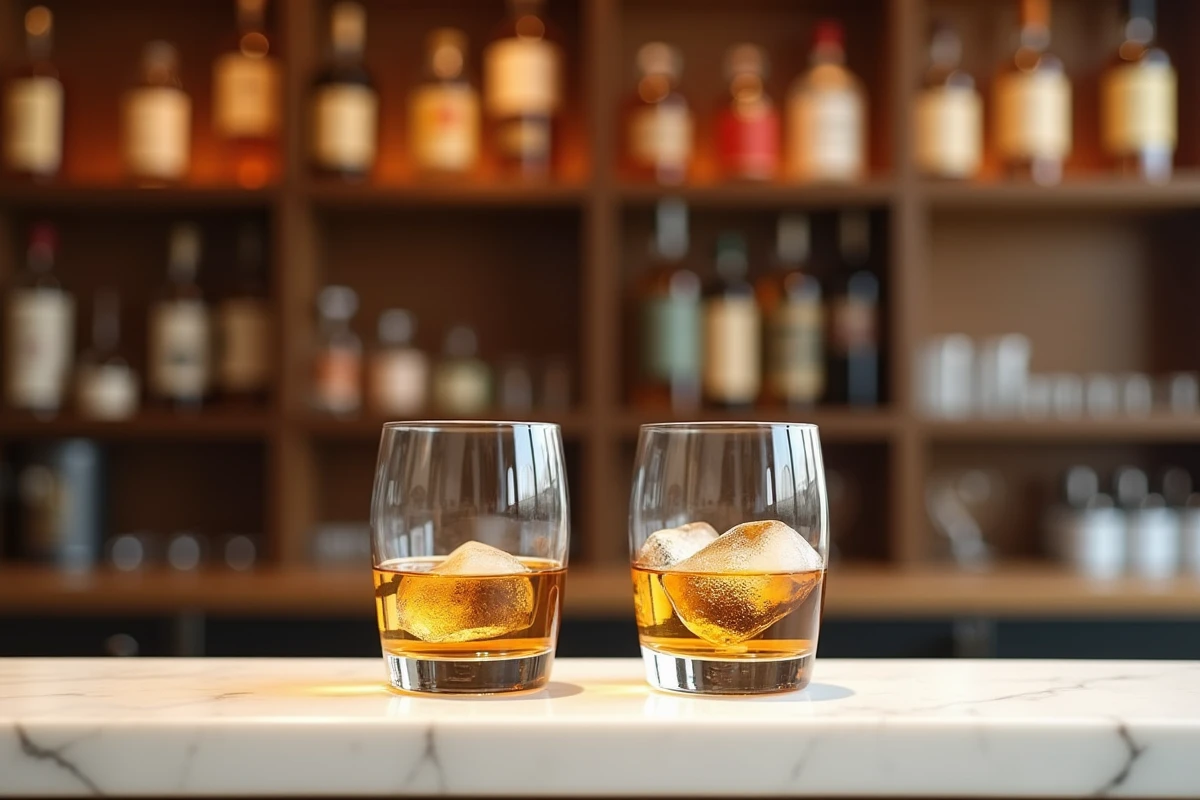 Comparaison de deux verres à whisky japonais sur un comptoir en marbre blanc dans un bar minimaliste de style japonais