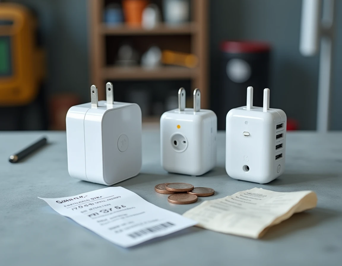 Comparatif de prix de plusieurs prises électriques connectées avec étiquettes de prix et pièces de monnaie sur surface béton