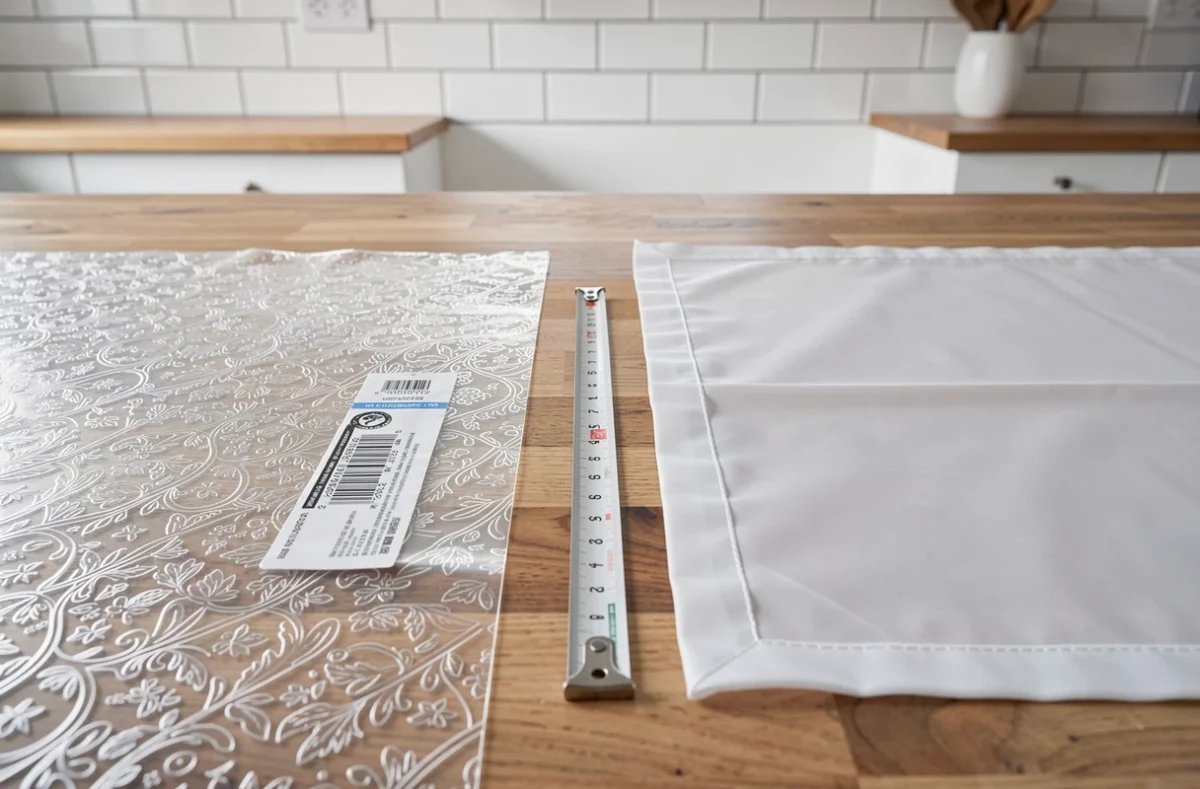 Comparatif côte à côte entre une protection PVC texturée et une nappe transparente sur mesure avec bordures cousues sur une table de cuisine