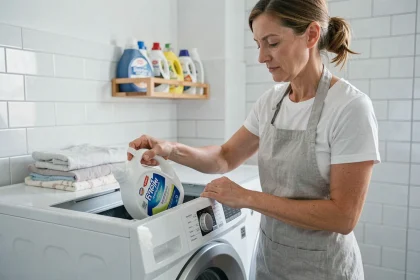 Femme versant de la lessive liquide dans le compartiment d'une machine à laver moderne dans une buanderie blanche et épurée