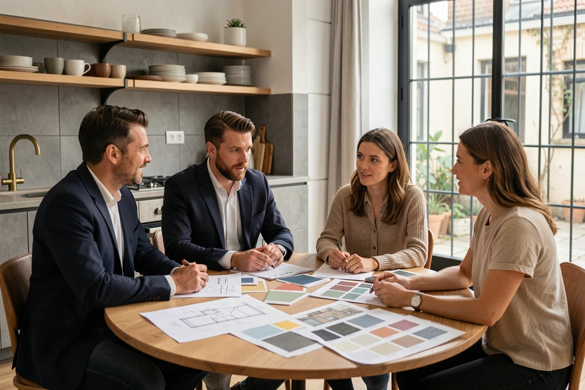 Consultation entre un décorateur de l'agence LeSavoirFaireDéco Lille et ses clients autour d'un projet de décoration intérieure sur mesure