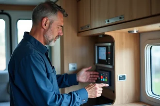 Homme moyen âge vérifiant le panneau de contrôle Truma dans un camping-car