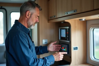 Homme moyen &acirc;ge v&eacute;rifiant le panneau de contr&ocirc;le Truma dans un camping-car
