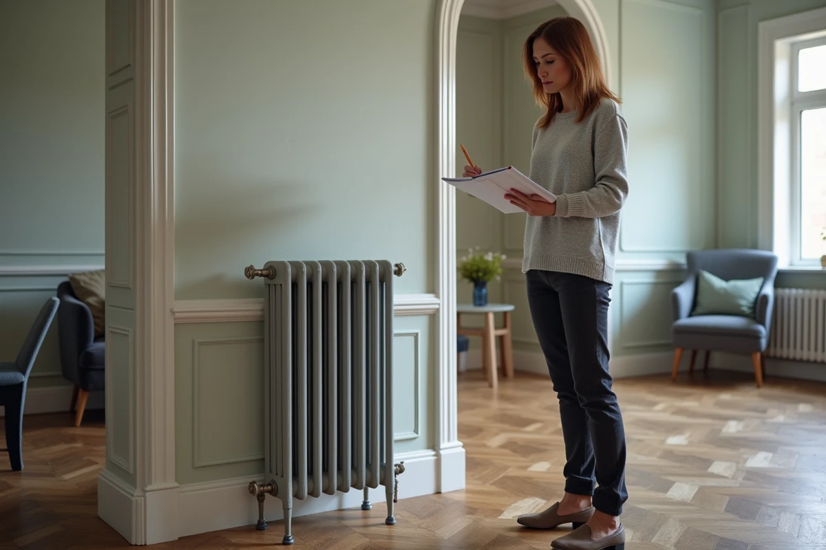 Femme v&eacute;rifiant les dimensions d un radiateur en fonte dans un int&eacute;rieur r&eacute;nov&eacute;
