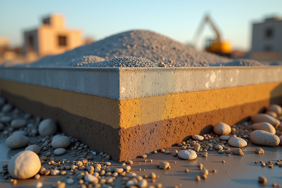 Coupe d un site de construction de dalle en beton avec couches de remblai