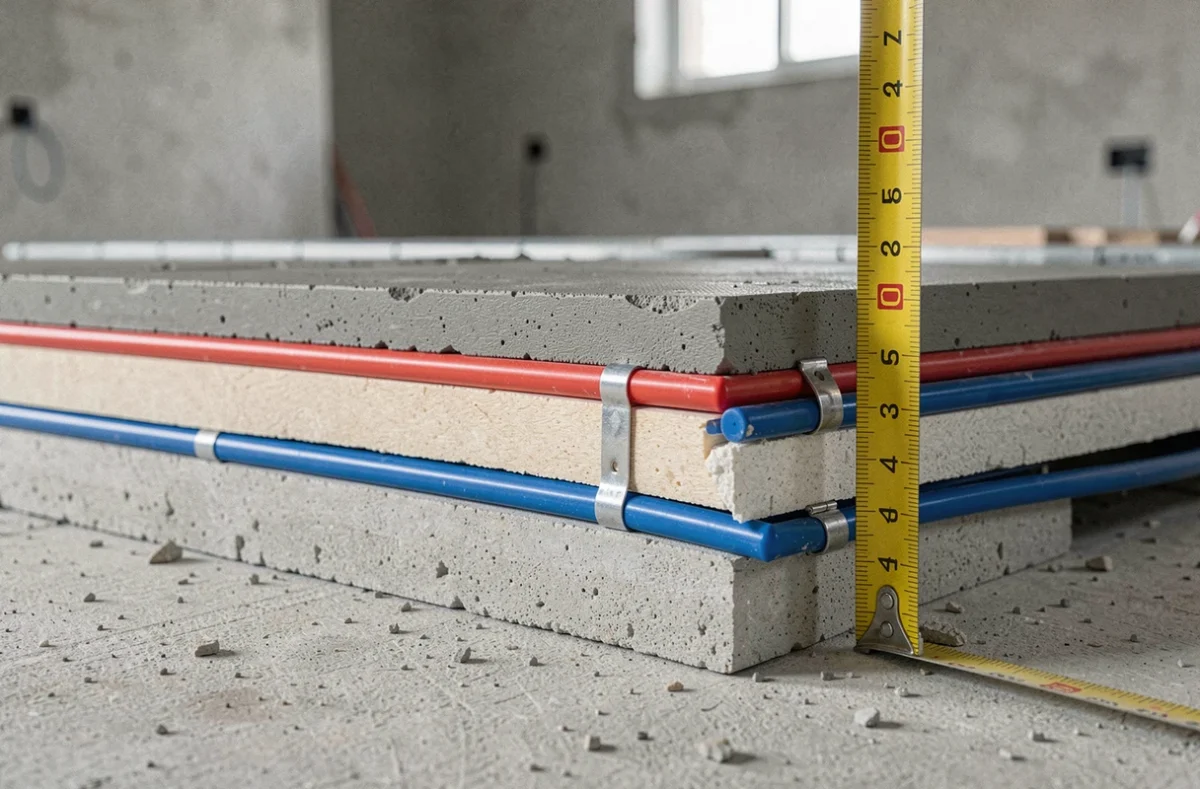 Coupe transversale d'une installation de plancher chauffant hydraulique montrant les couches de chape et d'isolation avec un mètre ruban