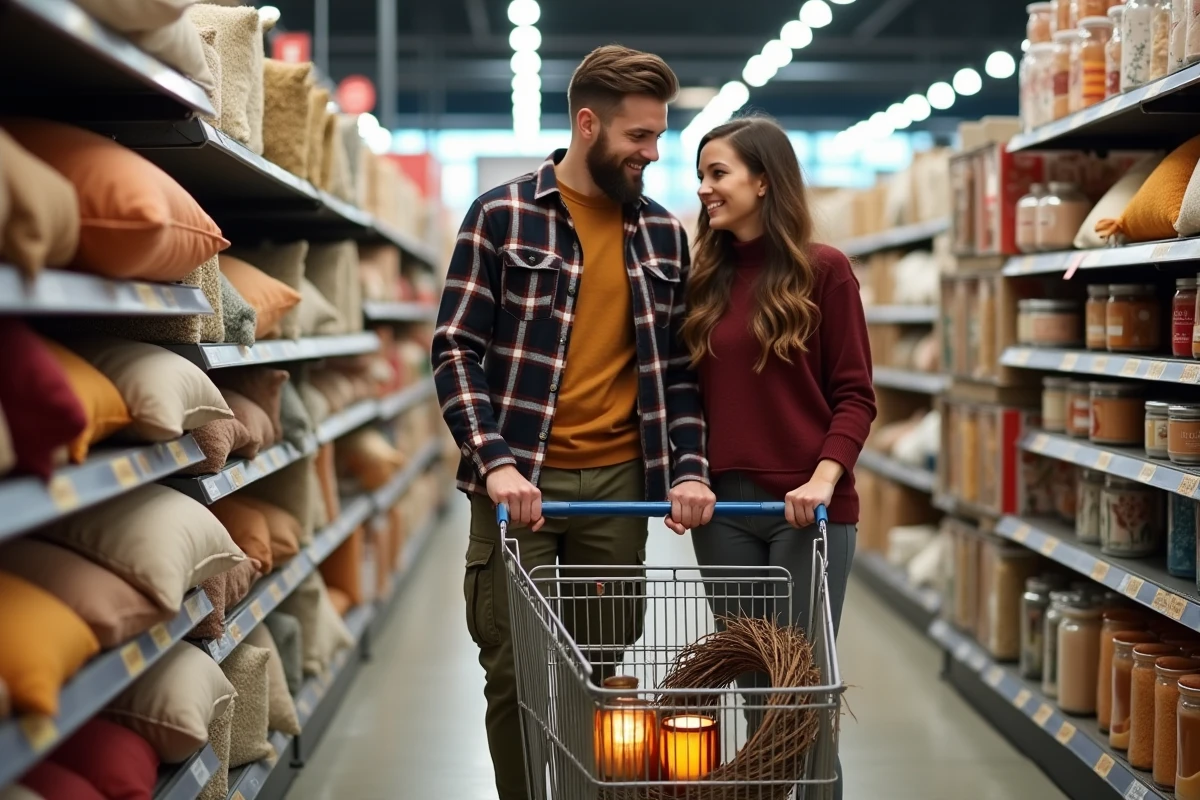Couple de trentenaires faisant leurs achats de d&eacute;corations saisonni&egrave;res dans un magasin Centrakor, avec caddie contenant une couronne en osier et des photophores en verre ambr&eacute;