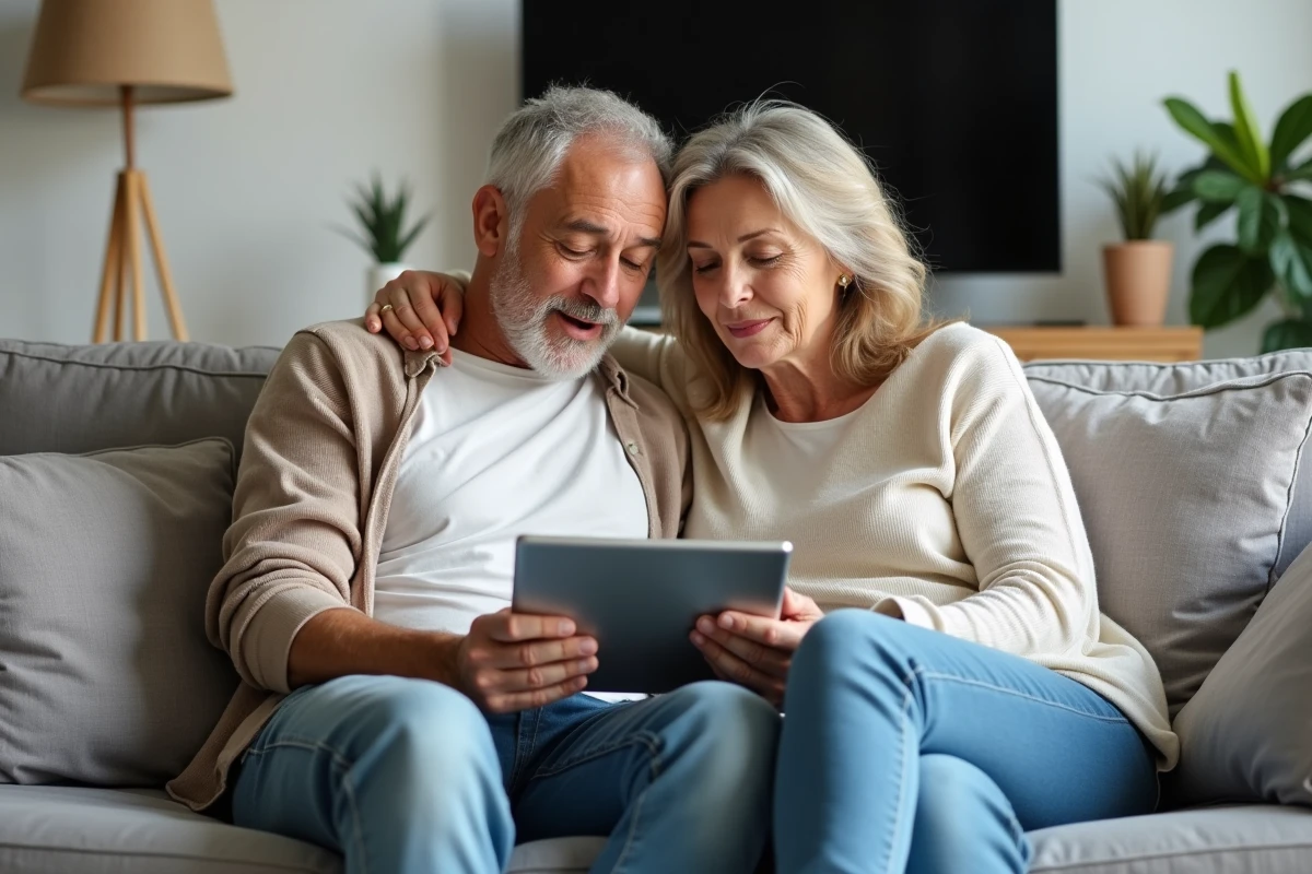 Couple consultant un calculateur de consommation d'énergie en euros sur une tablette dans leur salon