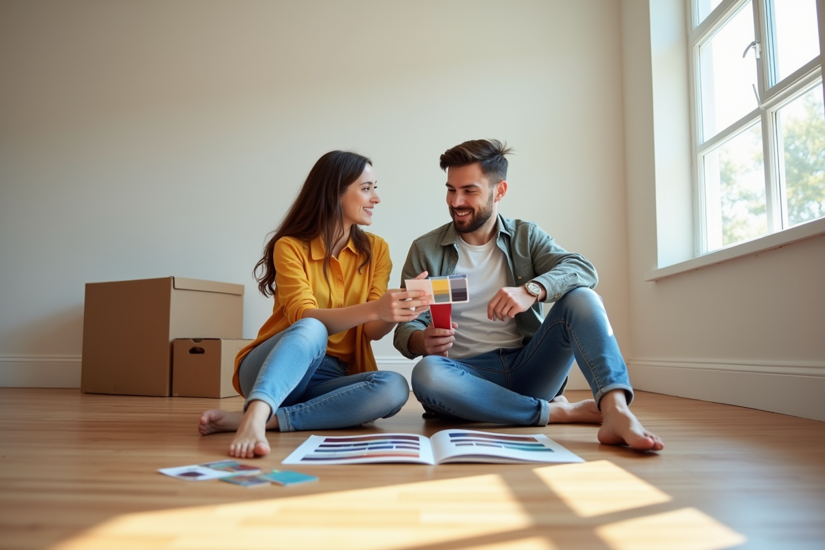 Jeune couple discutant de couleurs dans une pièce lumineuse