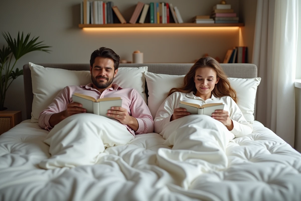 Couple lisant sur un matelas moderne dans une chambre paisible