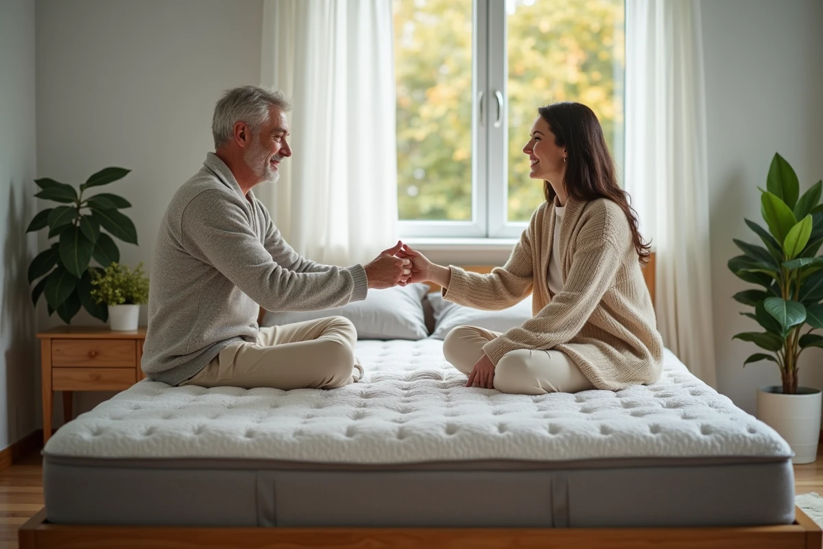 Couple souriant assis sur un matelas avec d&eacute;cor simple
