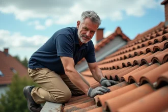 Couvreur inspectant des tuiles en terre cuite sur un toit de maison individuelle en France