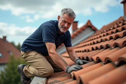 Couvreur inspectant des tuiles en terre cuite sur un toit de maison individuelle en France