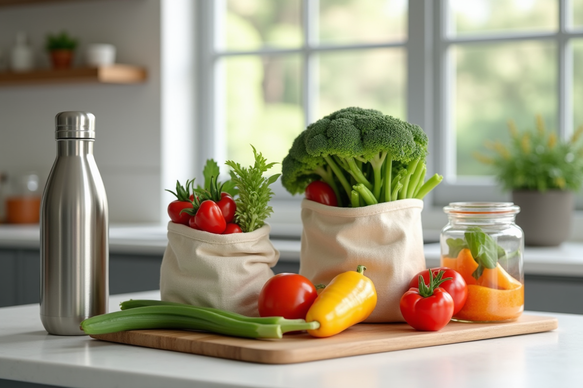Plan de la cuisine avec bouteilles et emballages réutilisables