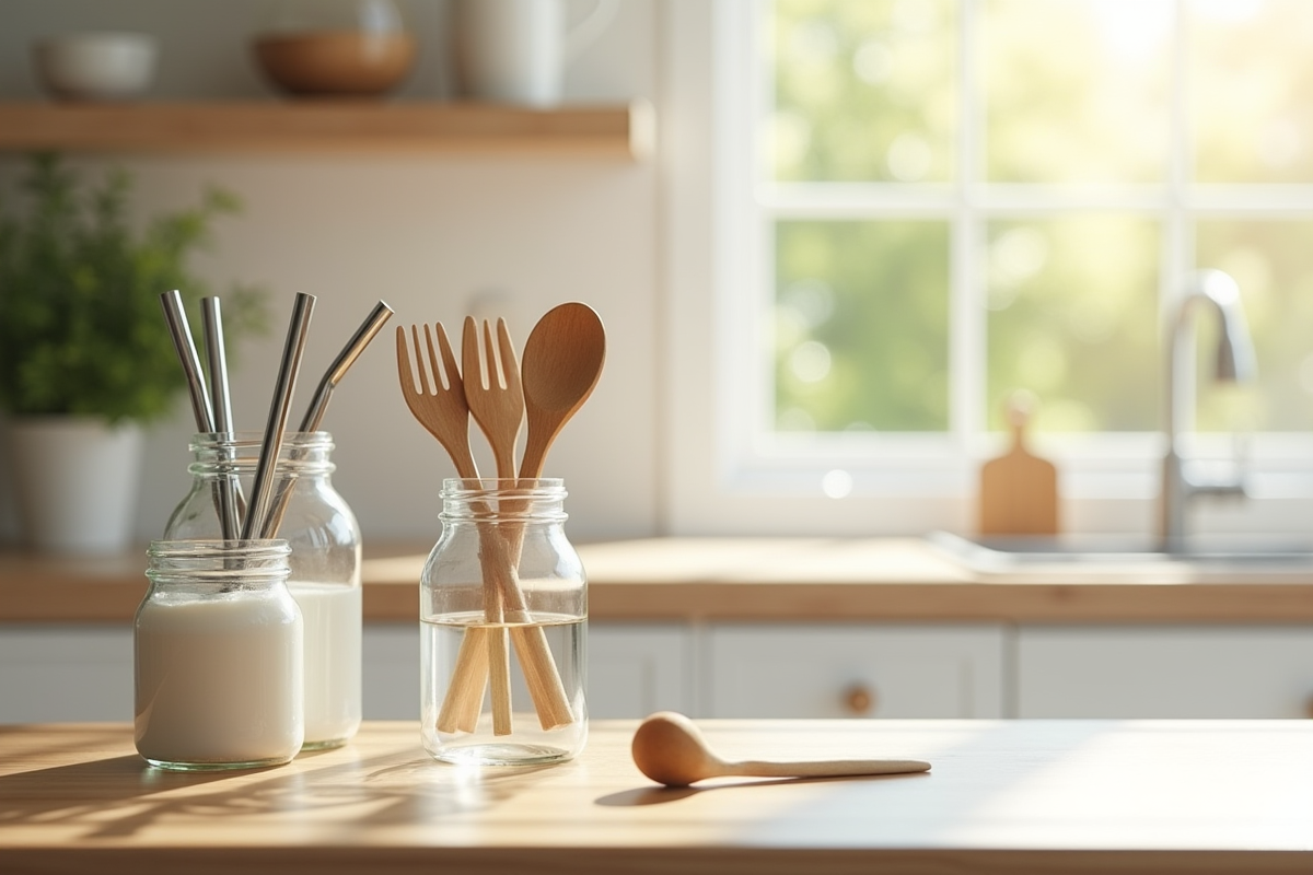 Cuisine minimaliste avec contenants et ustensiles en bois