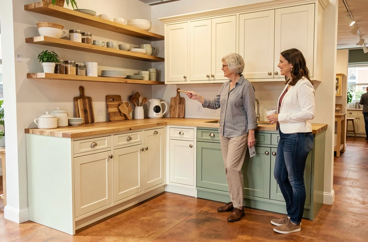 Cuisine Cuisinella de style shaker en crème et vert sauge présentée dans un showroom de l'Orne