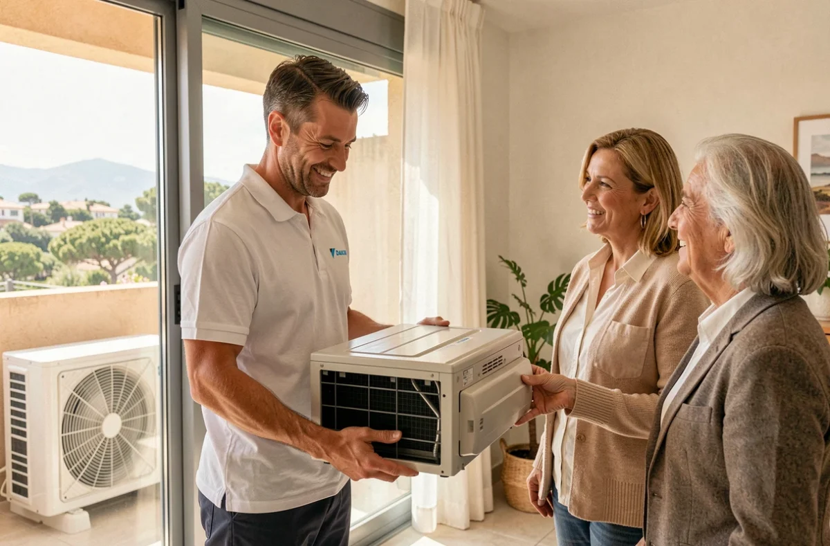 Technicien Daikin AES Climatisation conseillant des clients pour l'installation d'un climatiseur dans une villa près de Cannes