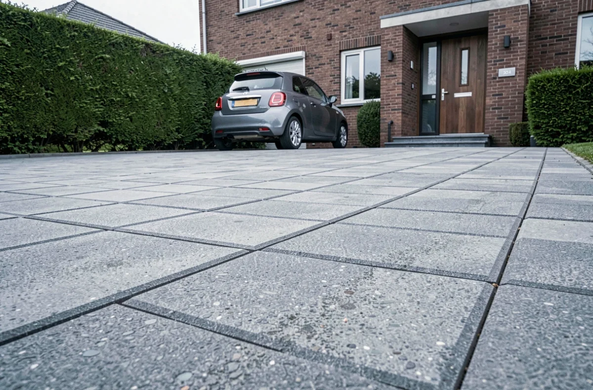 Dallage en béton armé terminé devant une maison individuelle moderne avec joints de dilatation visibles
