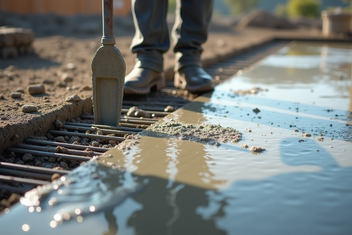 Dalle de beton fraiche sur un chantier en plein jour
