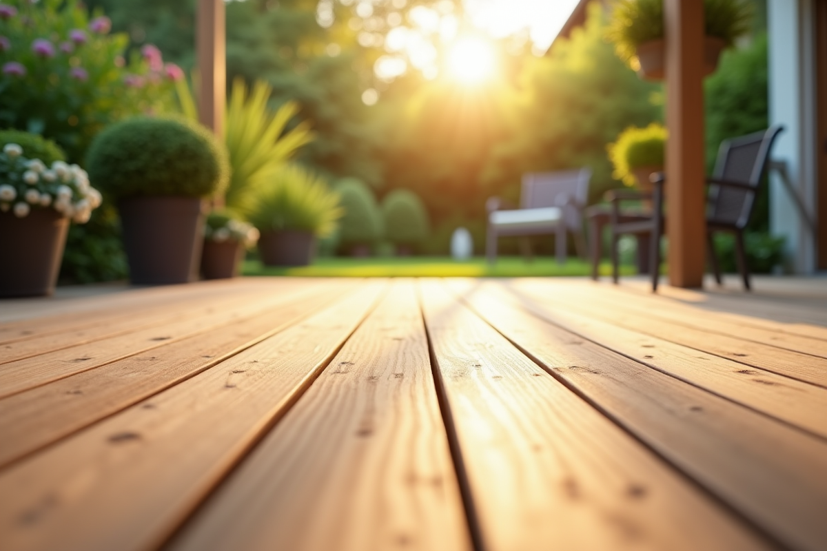 Surface d'une terrasse composite ensoleillée avec texture bois naturelle