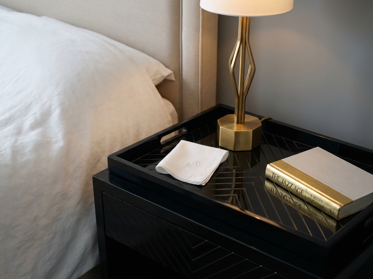 Table de chevet avec accessoires art déco géométriques ajoutés dans une chambre existante sobre et moderne