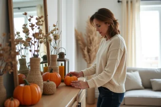 Femme arrangeant une décoration automnale sur un buffet en bois avec citrouilles, lanternes et branches d'eucalyptus dans un salon chaleureux