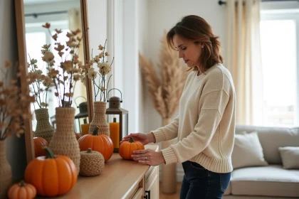 Femme arrangeant une d&eacute;coration automnale sur un buffet en bois avec citrouilles, lanternes et branches d'eucalyptus dans un salon chaleureux