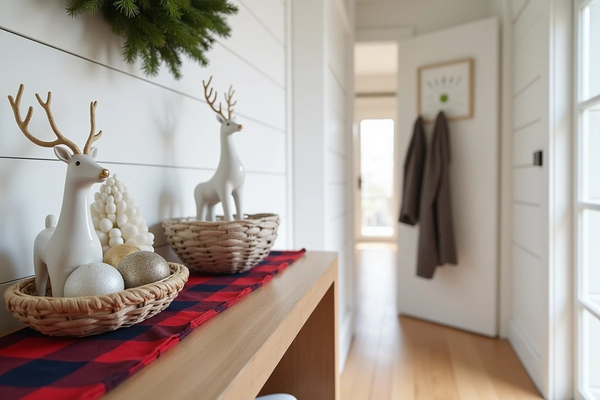Entr&eacute;e d'appartement d&eacute;cor&eacute;e pour l'hiver avec figurines en c&eacute;ramique, ornements dor&eacute;s et chemin de table en tartan sur une console en bois