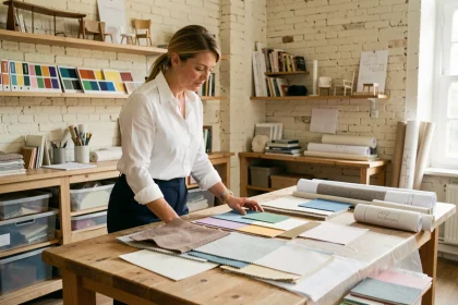Décoratrice d'intérieur de l'agence LeSavoirFaireDéco à Lille consultant des échantillons de matériaux dans son studio de création