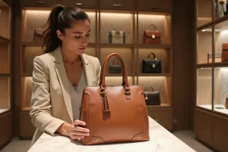 Femme examinant un sac de créateur de luxe dans un dépôt-vente haut de gamme à Caen