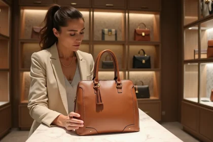 Femme examinant un sac de créateur de luxe dans un dépôt-vente haut de gamme à Caen