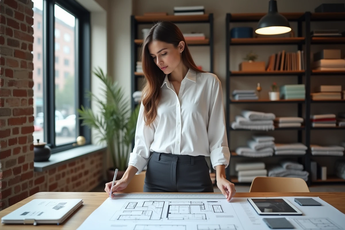 Designer d'intérieur calculant la conversion mètres linéaires en m2 sur des plans techniques