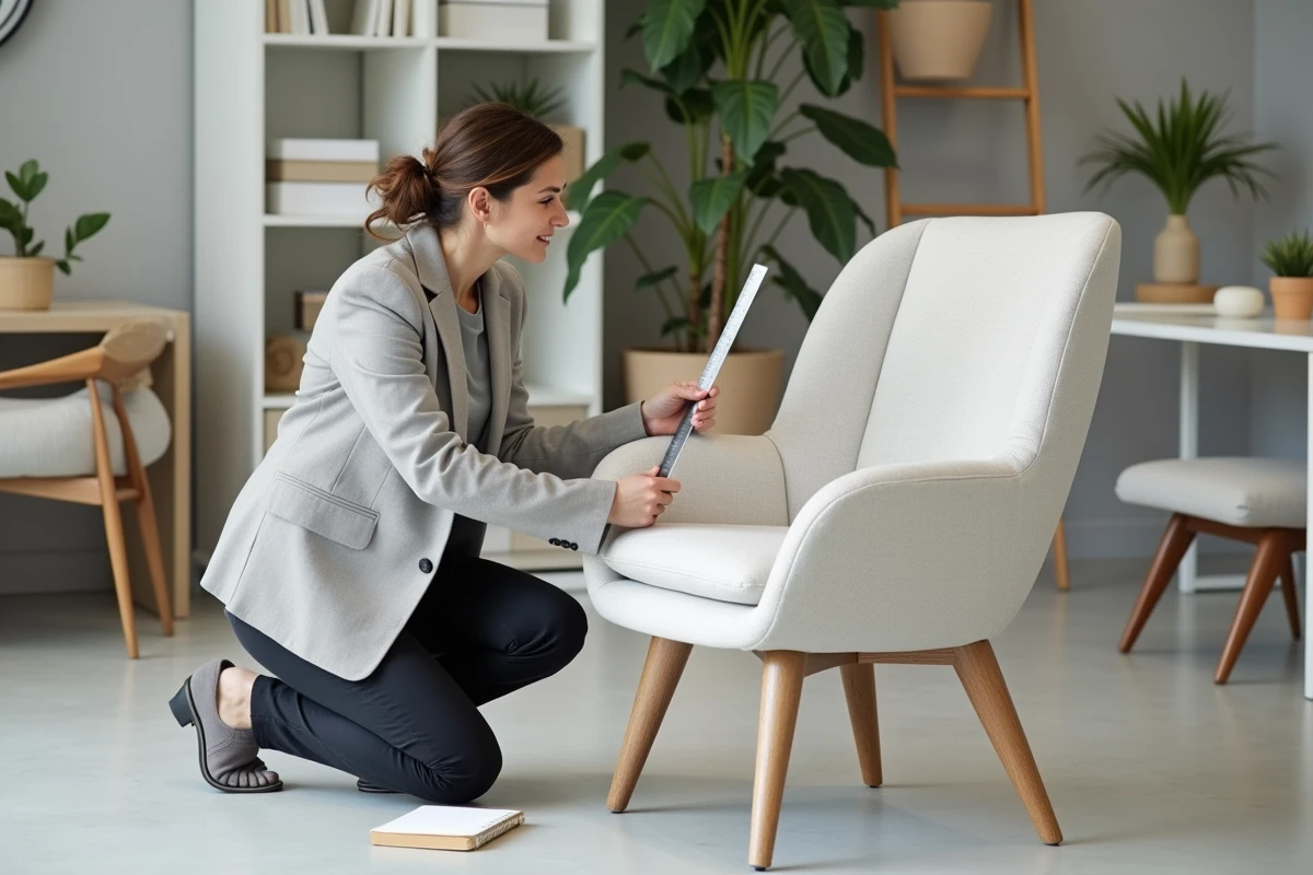 Designer d'intérieur mesurant la hauteur d'assise d'une chaise tapissée dans un showroom moderne