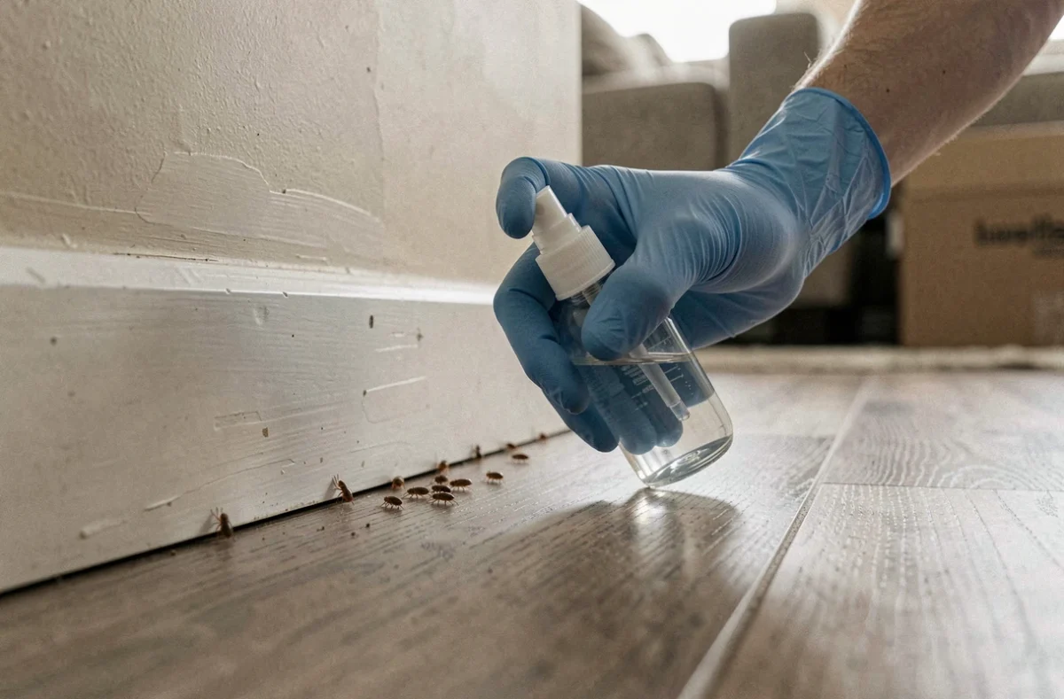 Main gantée tenant un spray de désinsectisation près d'une plinthe infestée de petits insectes marrons dans un salon