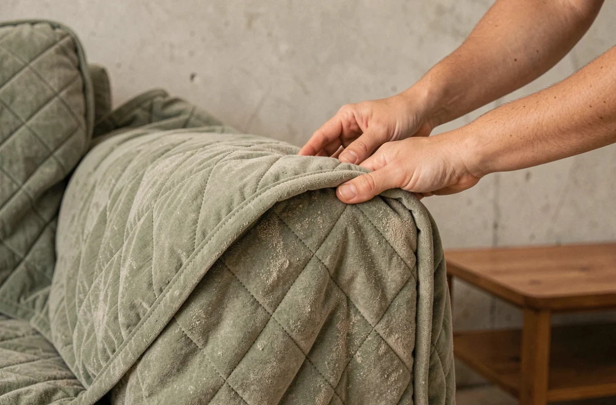 Gros plan sur le placement d'une housse clic clac matelassée verte sur un canapé usé