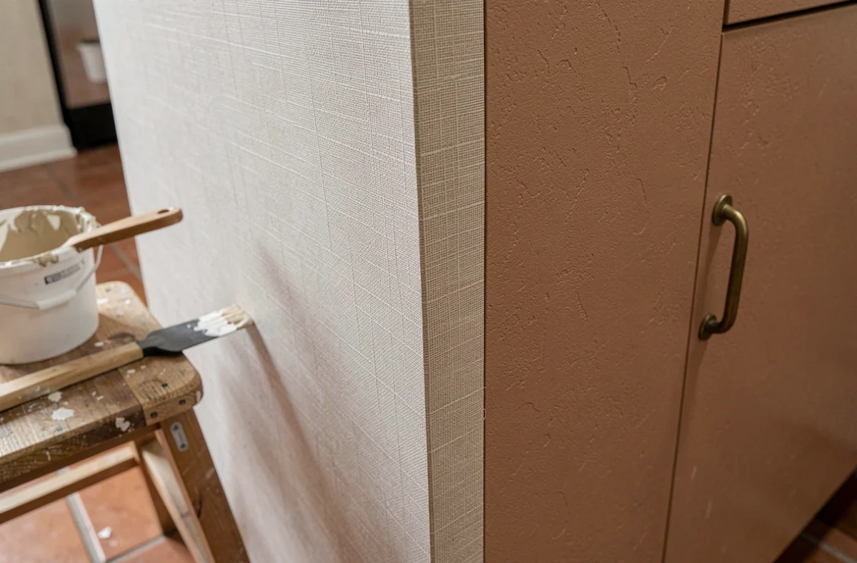 Détail du raccord entre tapisserie lavable et peinture lessivable sur un mur de cuisine avec outils de pose au premier plan
