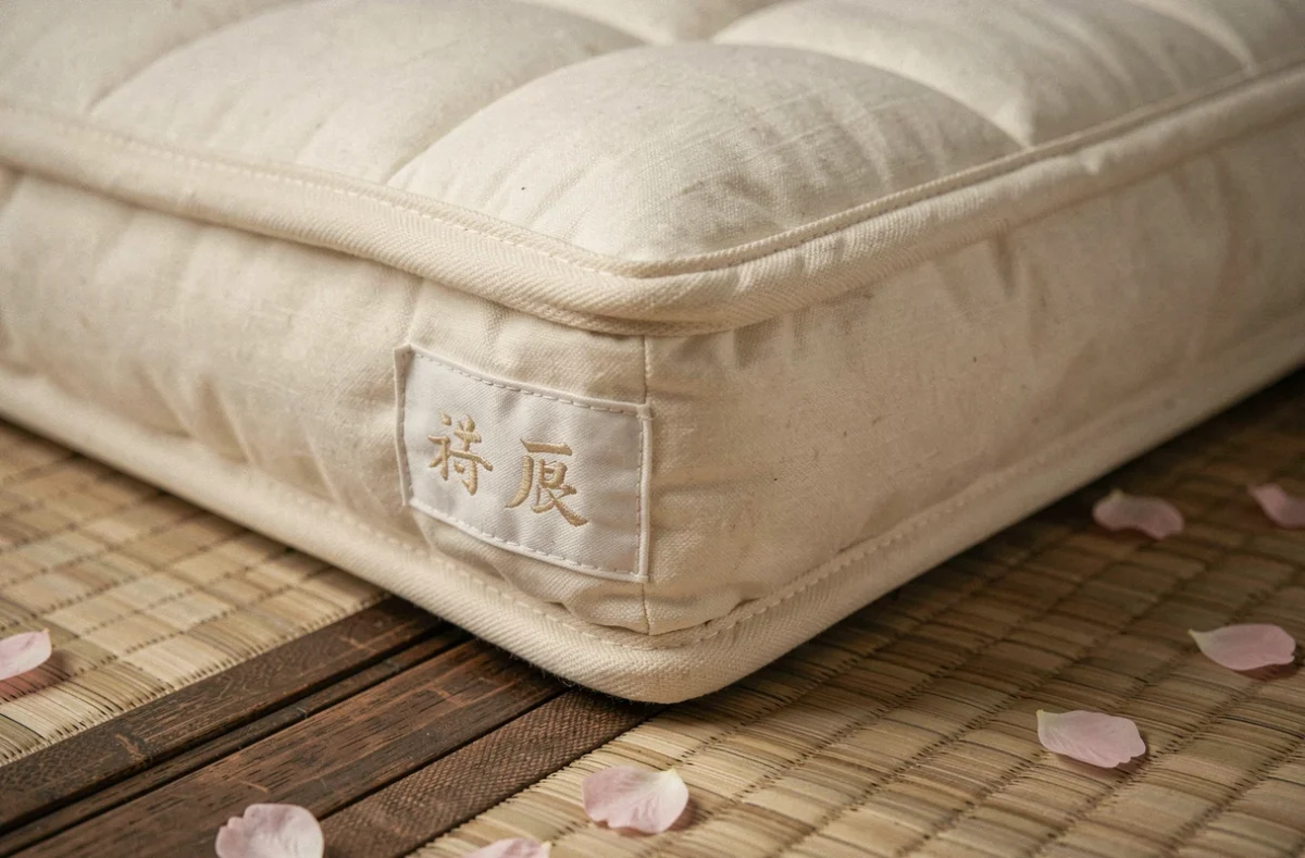 Détail texture coton d'un futon japonais premium avec tatami en jonc visible en arrière-plan