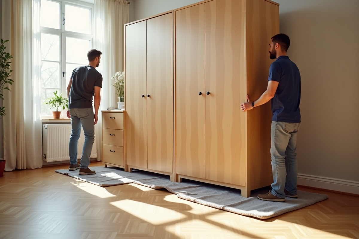 Deux personnes déplaçant une grande armoire en bois dans un salon lumineux