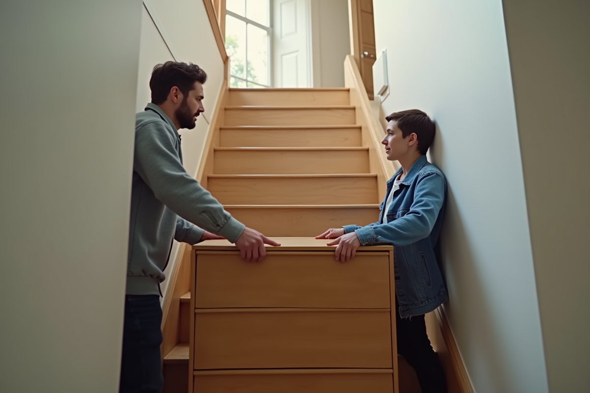 Deux personnes soulevant un meuble en bois dans un escalier lumineux