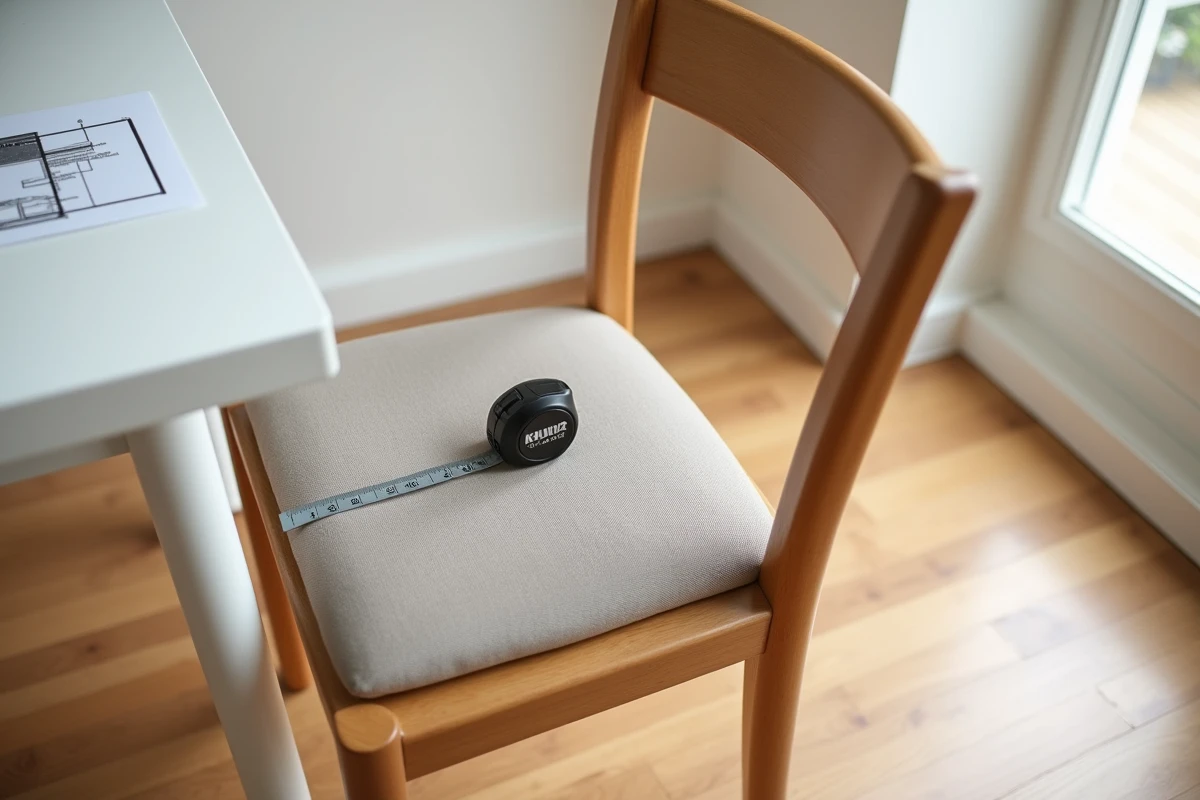 Chaise en bois avec mètre ruban posé sur l'assise pour mesurer les dimensions standard