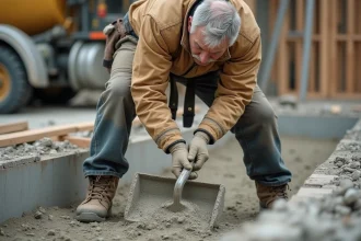 Maçon dosant du béton à la pelle depuis un sac de 35 kg sur un chantier de construction extérieur