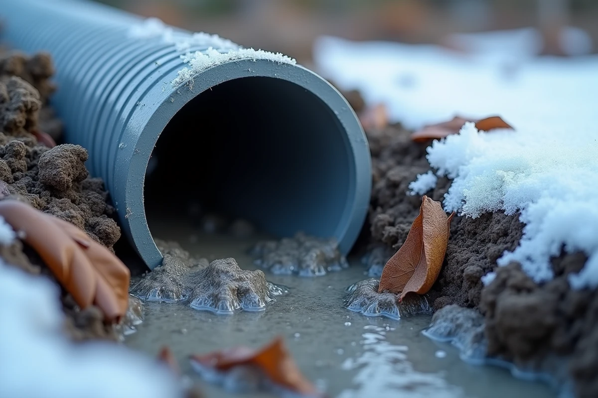 Drain de fosse septique gelé et saturé en hiver avec sol gelé et glace autour de la canalisation