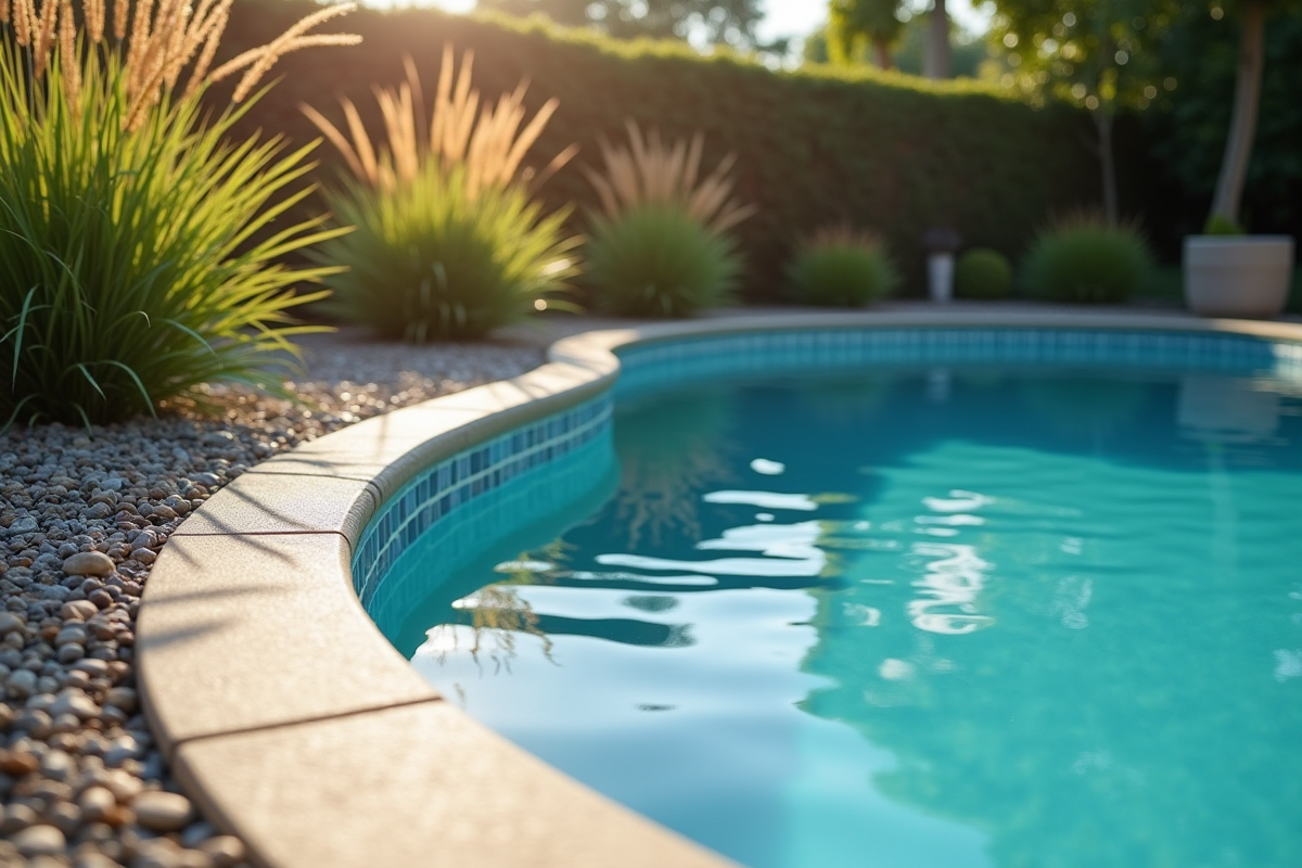 Détail de la bordure de la piscine avec mulch et herbes hautes